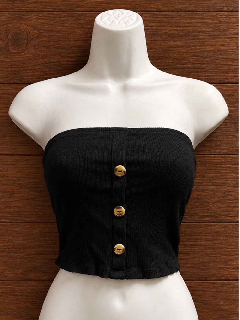 Black Ribbed Strapless Button-Front Tube Top